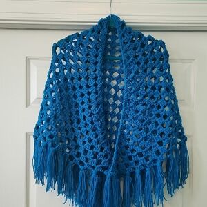 Blue Ocean Crochet Shawl with Fringe...handmade By Janet In USA